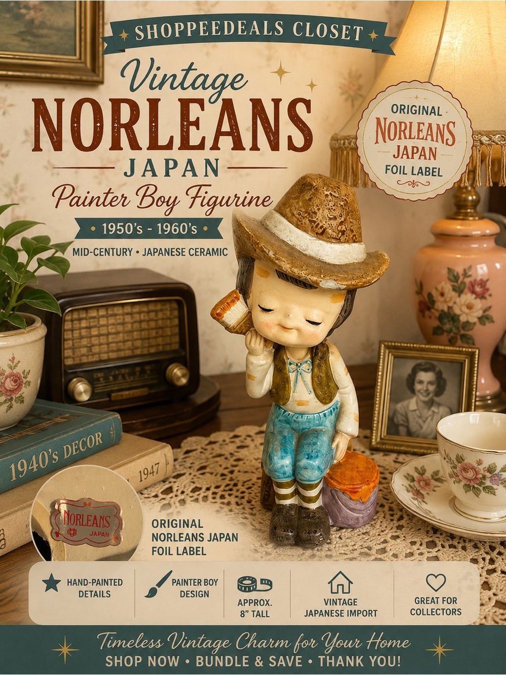 Vintage Norleans Japan Painter Boy Figurine Mid Century 1950s 1960s 8”